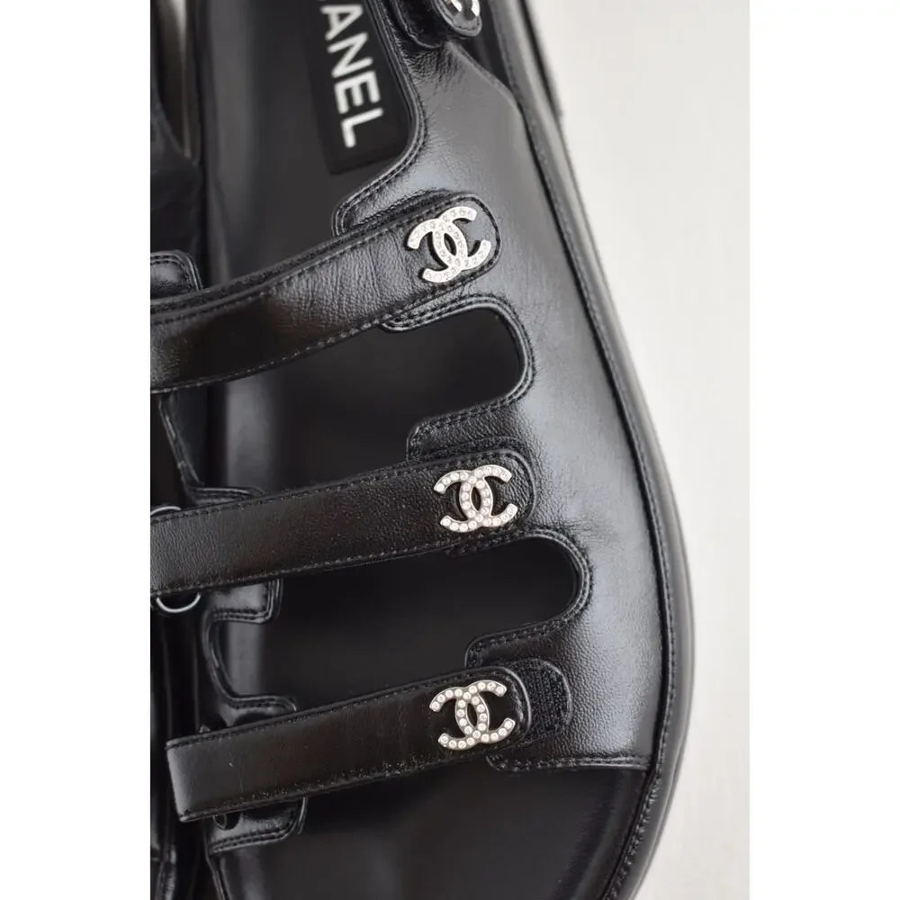 Chanel 24S Black Leather Triple Strap CC Logo Mule Slide Teva Dad Sandal Flat 41